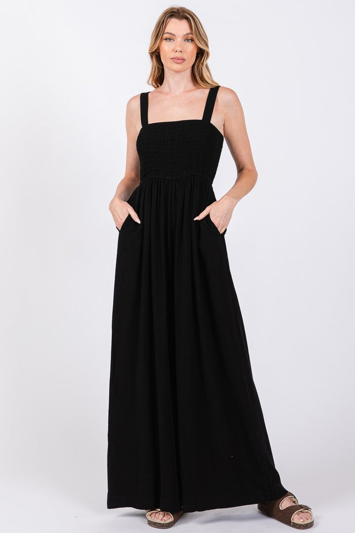 SQUARE NECK SMOCKED BODICE WIDE LEG JUMPSUIT