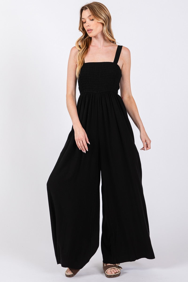 SQUARE NECK SMOCKED BODICE WIDE LEG JUMPSUIT