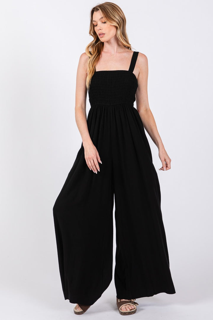 SQUARE NECK SMOCKED BODICE WIDE LEG JUMPSUIT