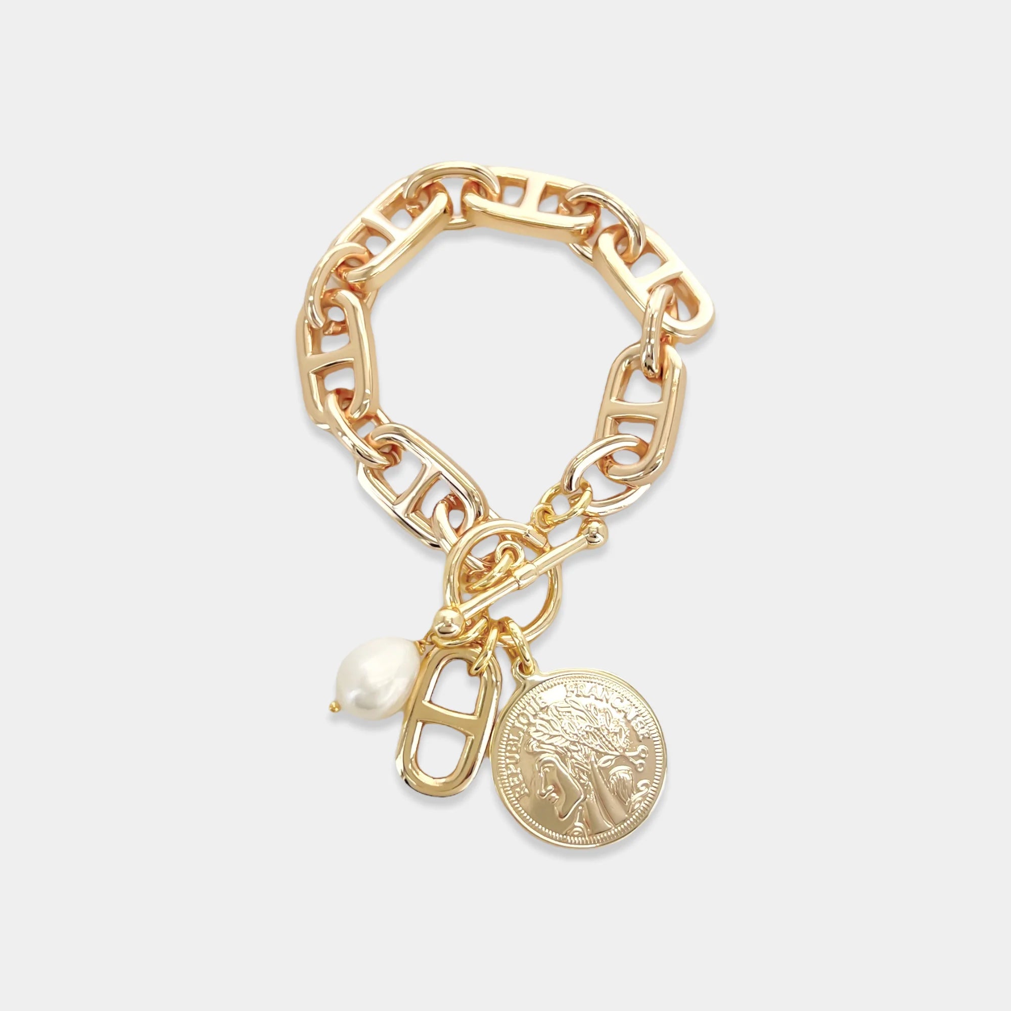ABR116 - Coin & Pearl Chain Bracelet