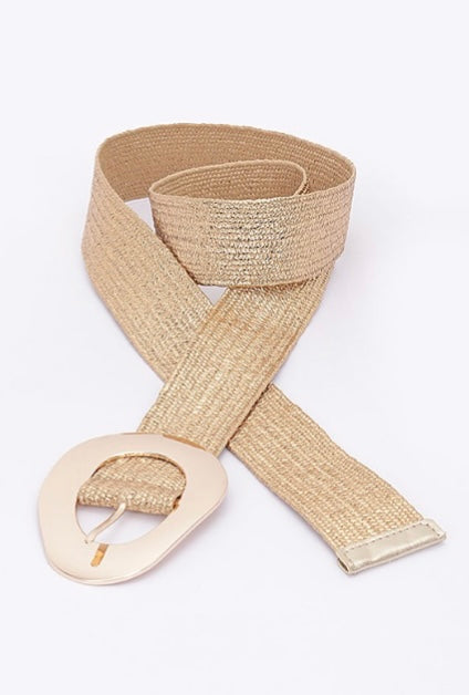 Plus Size Gold Buckle Metallic Straw Elastic Belt