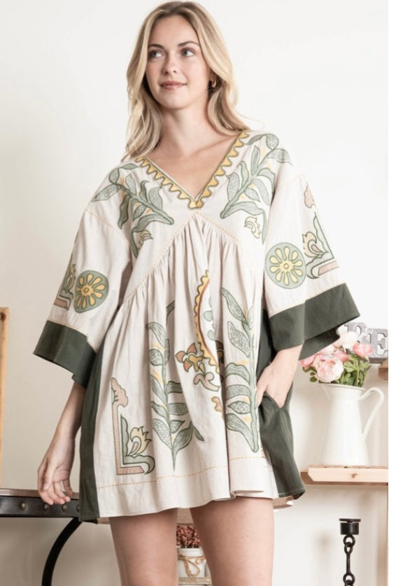 EMBROIDERY FLOWER WOVEN MINI DRESS WITH POCKETS