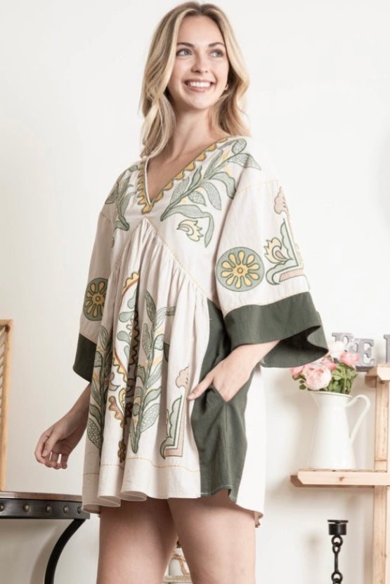 EMBROIDERY FLOWER WOVEN MINI DRESS WITH POCKETS